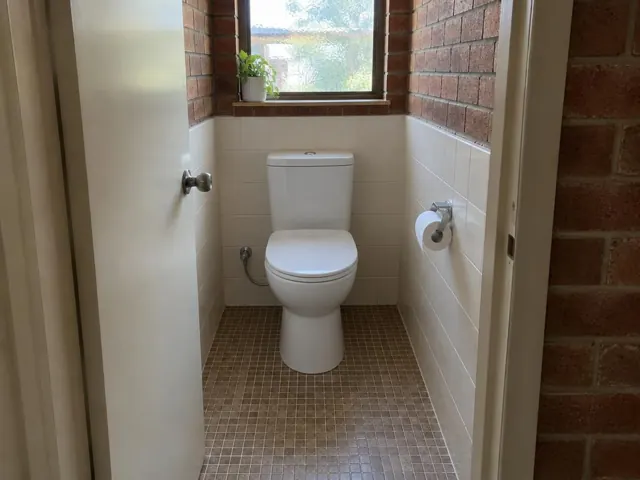 Clean white toilet in a small tiled bathroom with brick walls and a window in Beacon Hill