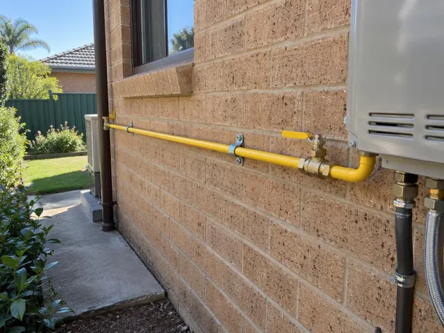 Yellow gas pipe and valve on a brick house wall beside an outdoor appliance in Brookvale